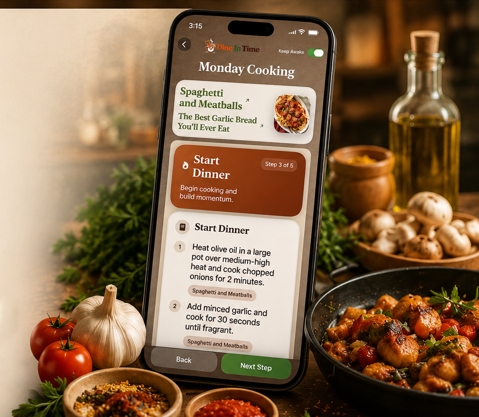 Dine In Time cooking guidance shown on an iPhone in a kitchen scene