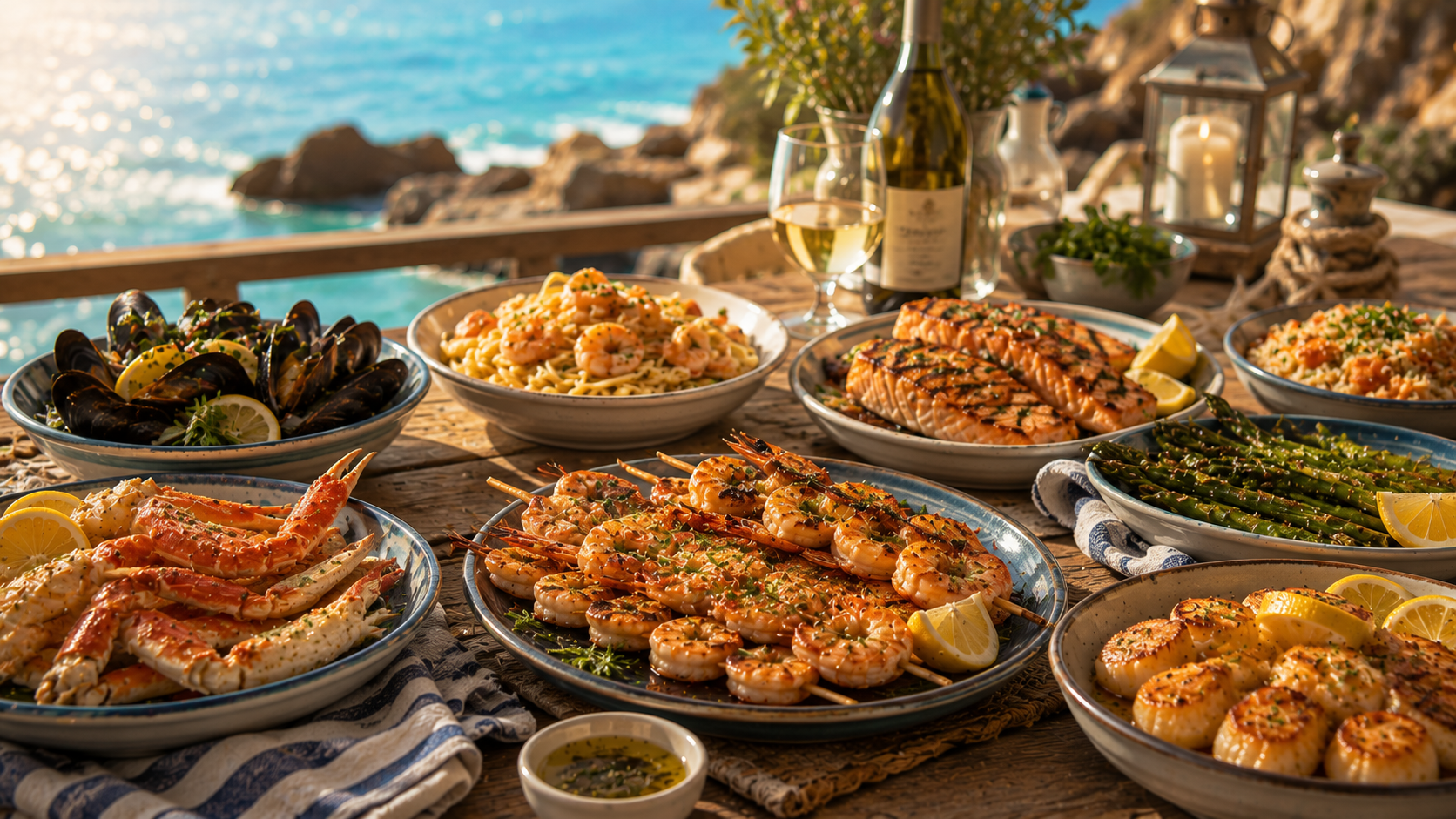 Seafood meal plan with shrimp, crab, fish, and coastal dishes